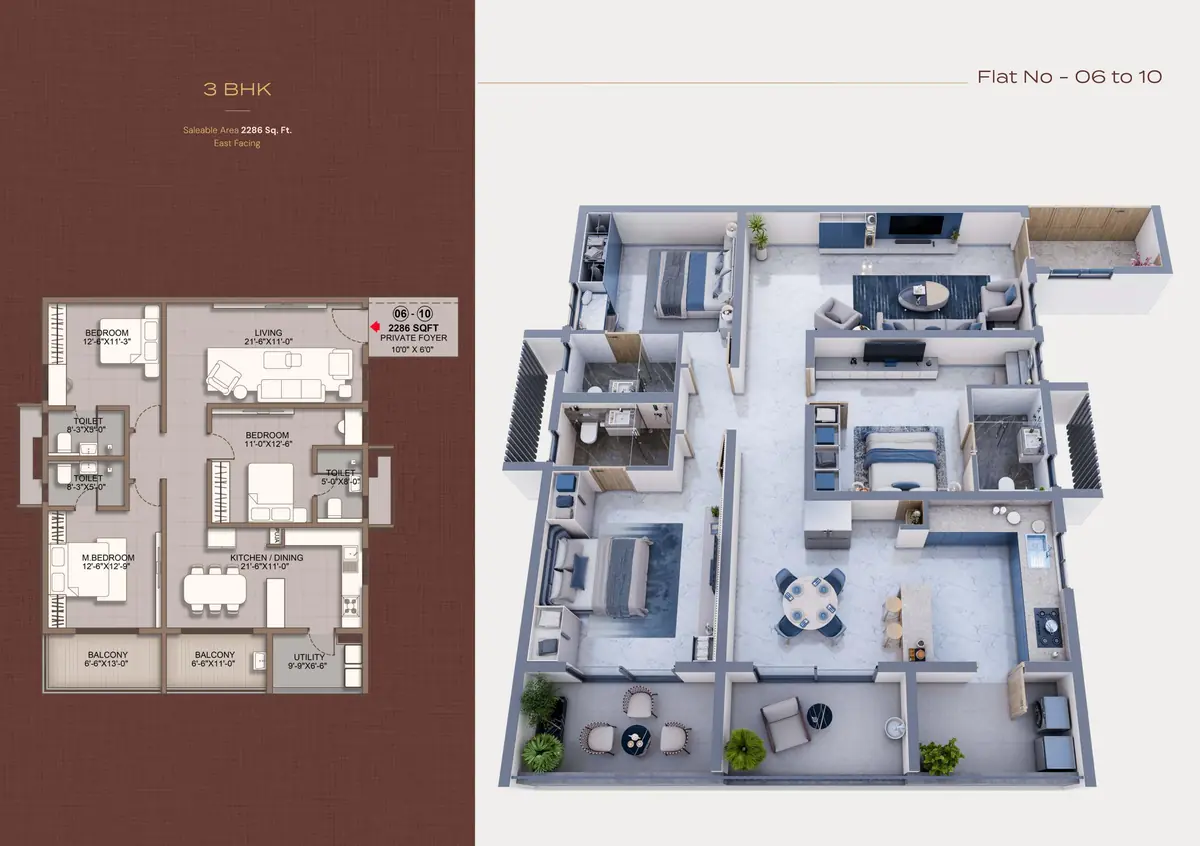 3 BHK floor plan of 2,286 sq. ft. at Sri Tirumala Legacy, Flats 06 to 10