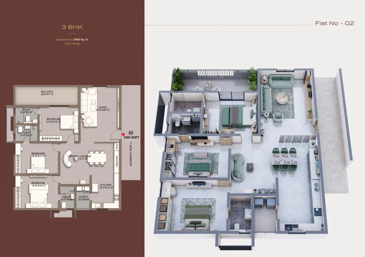 3 BHK floor plan of 2,493 sq. ft. at Sri Tirumala Legacy, Flat 02