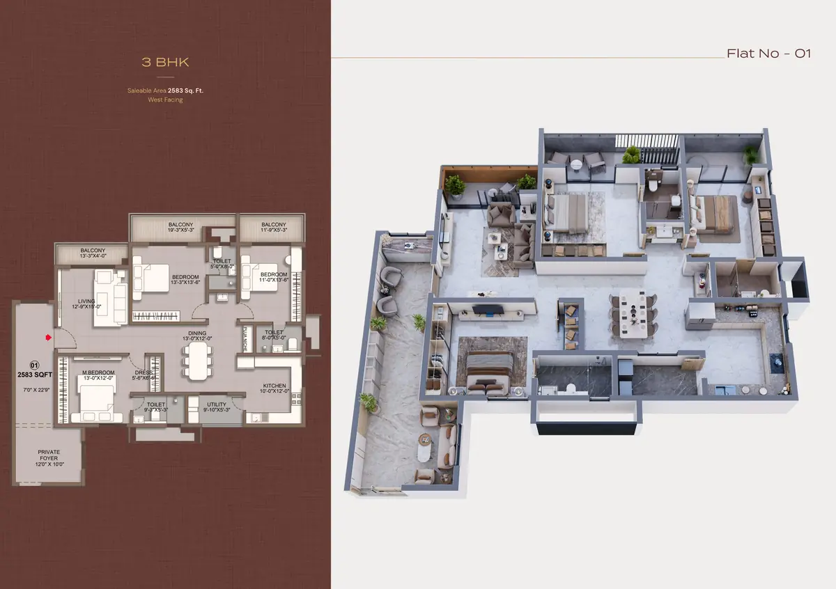 3 BHK floor plan of 2,583 sq. ft. at Sri Tirumala Legacy, Flat 01
