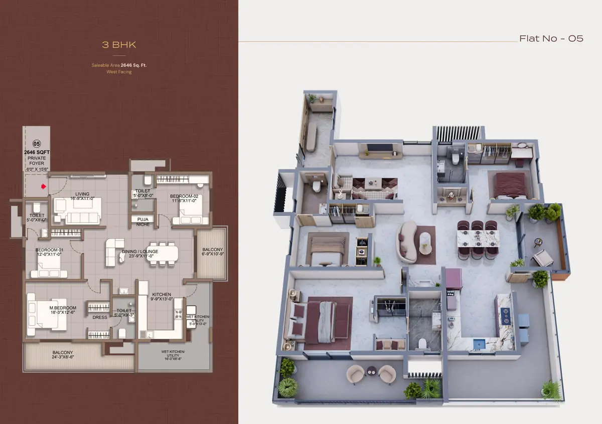 3 BHK floor plan of 2,646 sq. ft. at Sri Tirumala Legacy, Flat 05