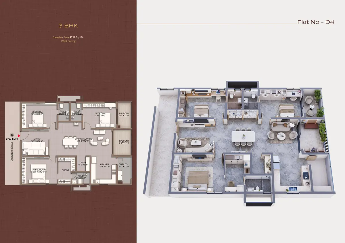 3 BHK floor plan of 2,727 sq. ft. at Sri Tirumala Legacy, Flat 04