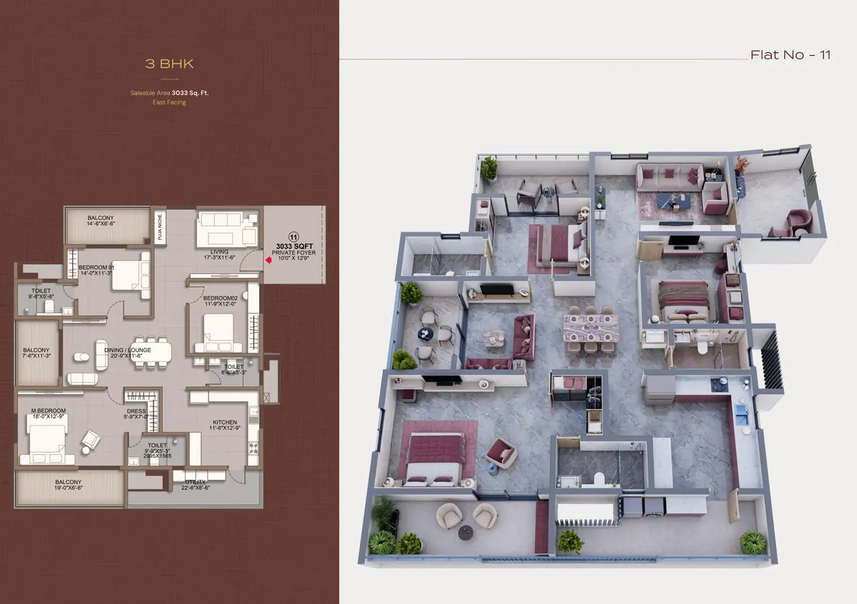 3 BHK floor plan of 3,033 sq. ft. at Sri Tirumala Legacy, Flat 11
