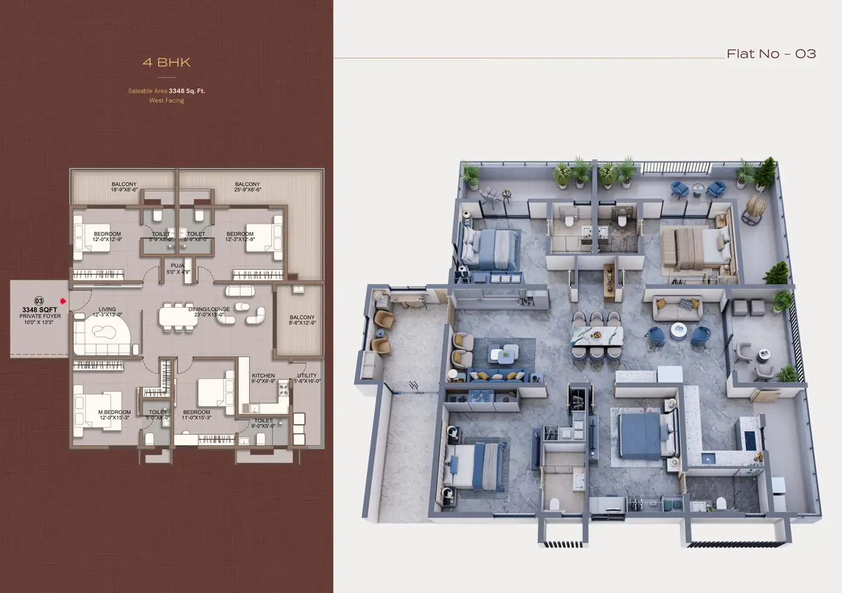 4 BHK floor plan of 3,348 sq. ft. at Sri Tirumala Legacy, Flat 03