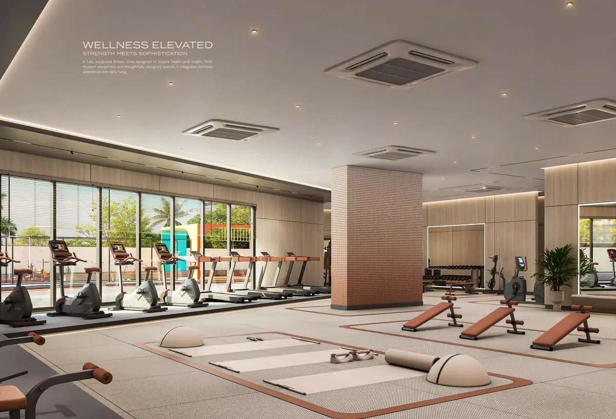 Gymnasium with pool views at Sri Tirumala Legacy