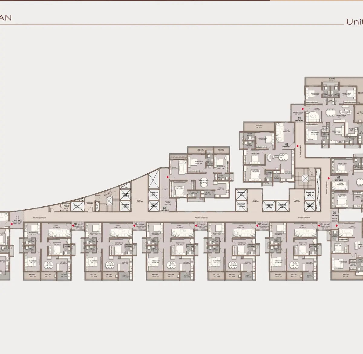 Typical floor plate of Sri Tirumala Legacy showing eleven homes around the lift core